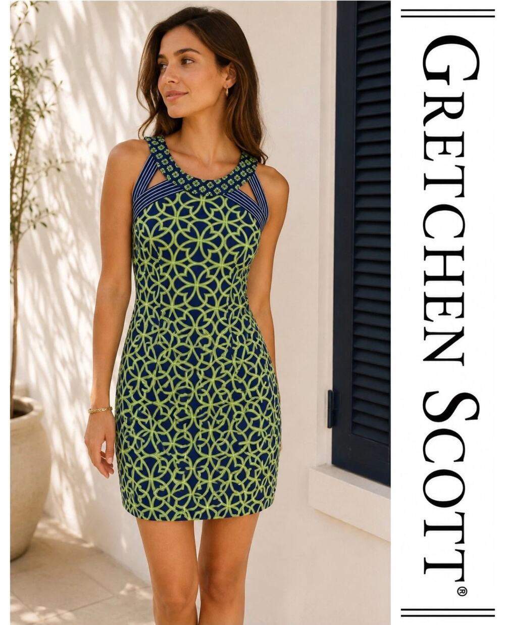 Gretchen Scott Isosceles Biltmore Blue Green Geometrical Sheath Dress M